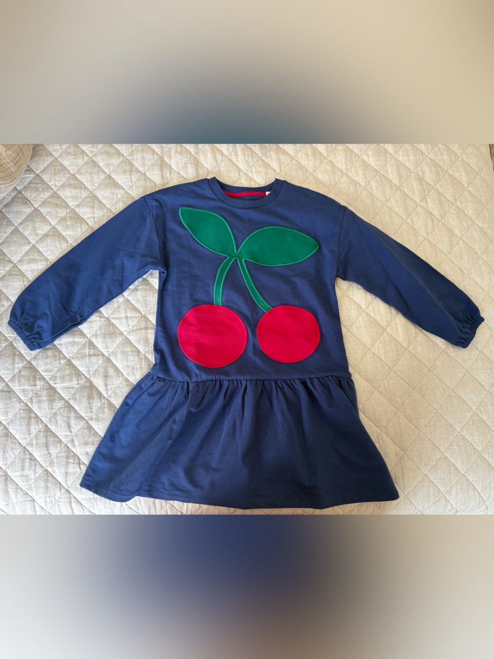 Mini Boden Navy Sweatshirt Dress with Red Cherry Applique